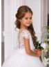 Ivory Lace Tulle Sheer Buttons Back Flower Girl Dress